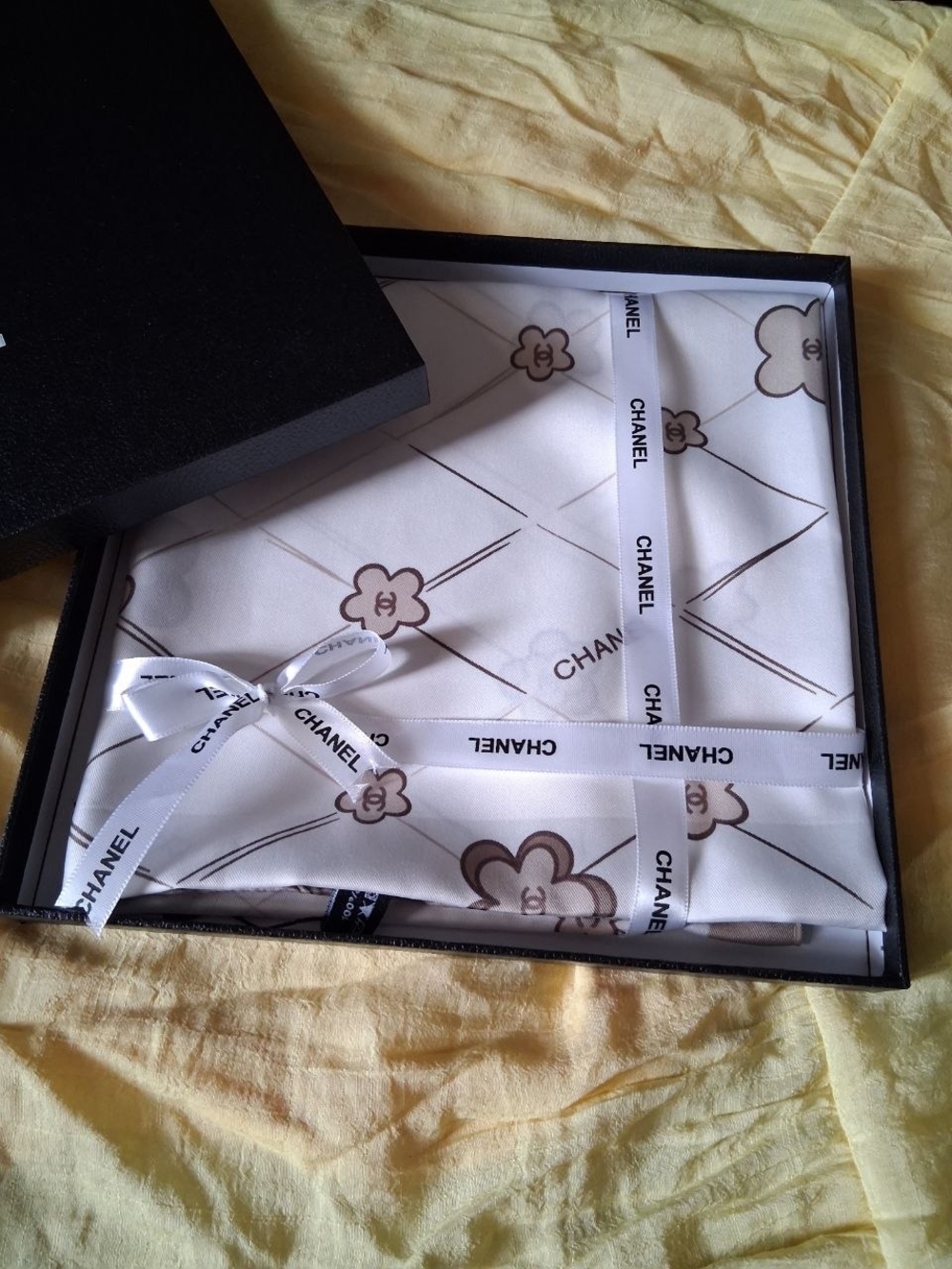 White Silk Scarf with Brown Floral Motifs
